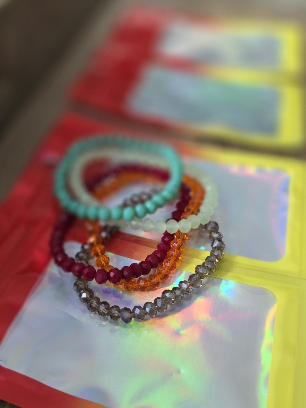 Multicolor Beaded Stretch Bracelet Set - Turquoise, Red, Orange, Cream, Gray